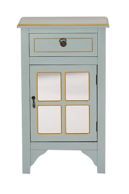 18" X 13" X 30" Light Blue W  Gold MDF  Wood  Mirrored Glass Accent Cabinet with a Drawer and a Gold Door