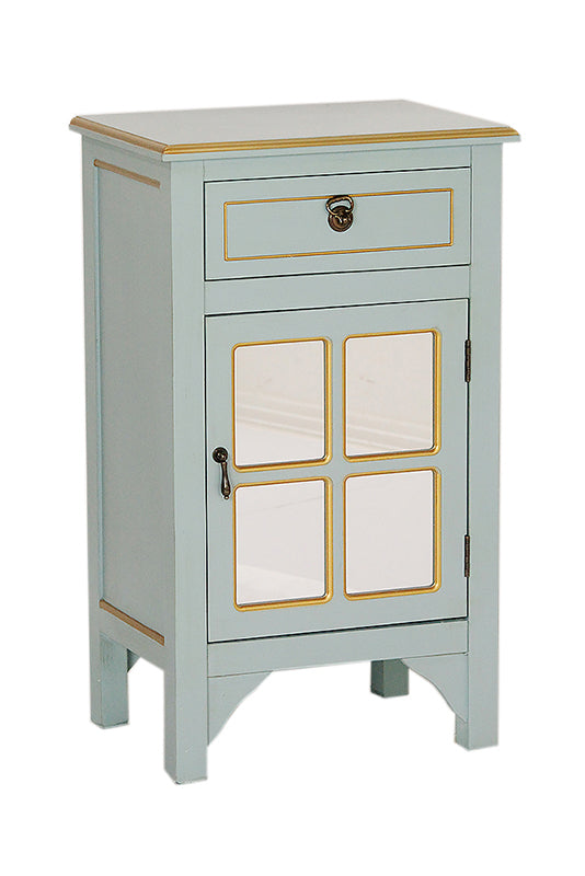 18" X 13" X 30" Light Blue W  Gold MDF  Wood  Mirrored Glass Accent Cabinet with a Drawer and a Gold Door