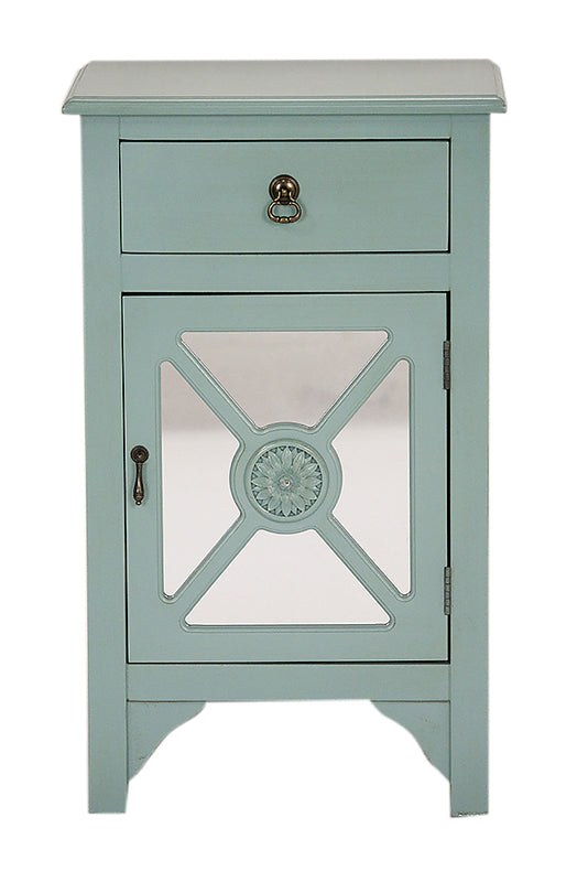 18" X 13" X 30" Turquoise MDF  Wood  Mirrored Glass Cabinet with a Drawer and a Door