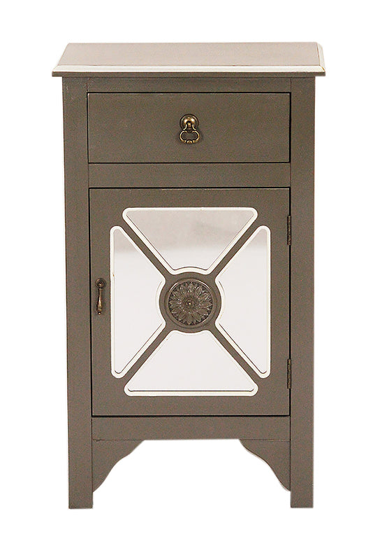 18" X 13" X 30" Gray MDF  Wood  Mirrored Glass Accent Cabinet with a Drawer and  Door and Trellis Inserts
