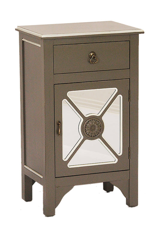 18" X 13" X 30" Gray MDF  Wood  Mirrored Glass Accent Cabinet with a Drawer and  Door and Trellis Inserts