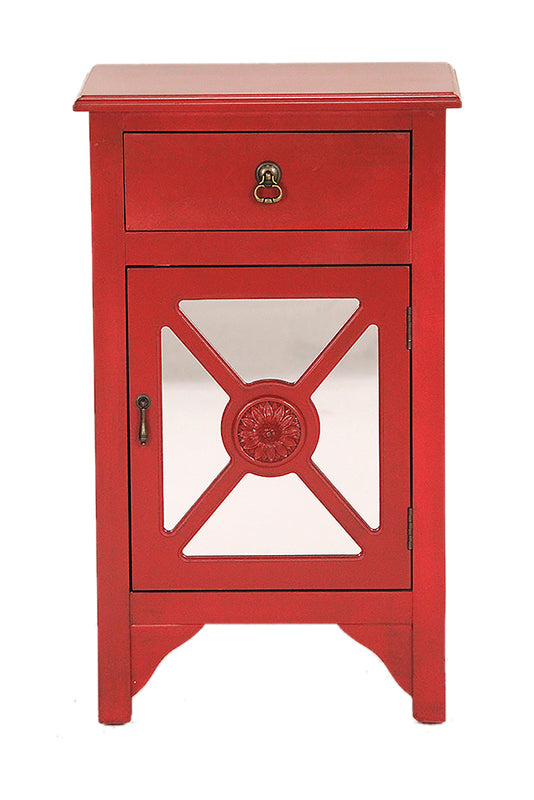 18" X 13" X 30" Red MDF  Wood  Mirrored Glass Accent Cabinet with a Drawer and  Door and Trellis Inserts