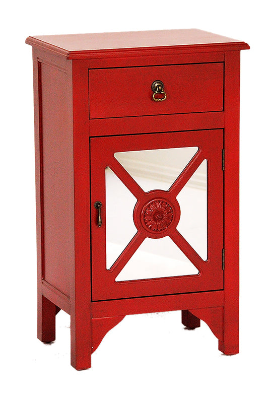 18" X 13" X 30" Red MDF  Wood  Mirrored Glass Accent Cabinet with a Drawer and  Door and Trellis Inserts