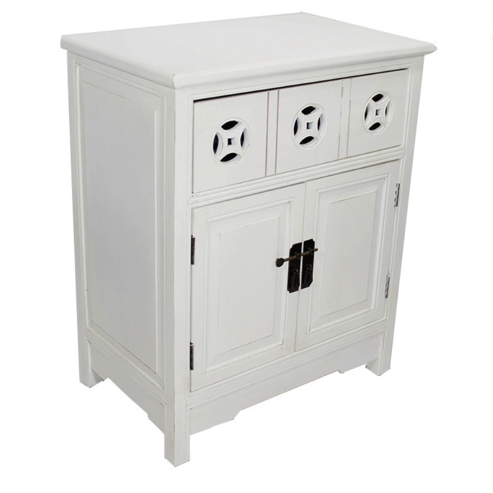 24" X 15" X 30" Antique White MDF  Wood Sideboard with a Drawer   Doors and Circle Link Cutouts