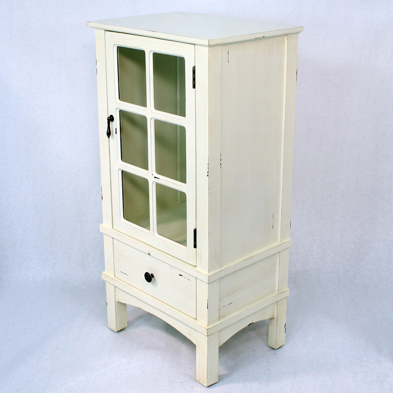 18" X 13" X 36" Antique White MDF  Wood  Clear Glass Accent Cabinet with a Door and a Drawer