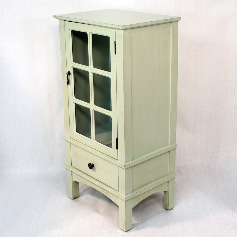 18" X 13" X 36" Light Sage MDF  Wood  Clear Glass Accent Cabinet with a Door and Drawer and Paned Inserts