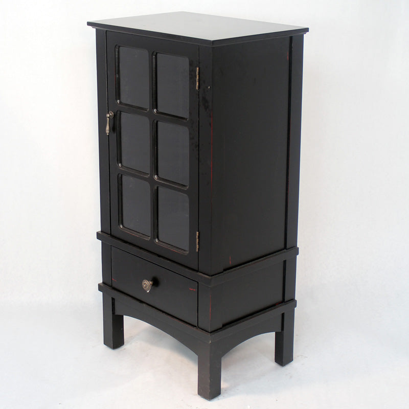 18" X 13" X 36" Black MDF  Wood  Clear Glass Accent Cabinet with a Door and Drawer and Paned Inserts