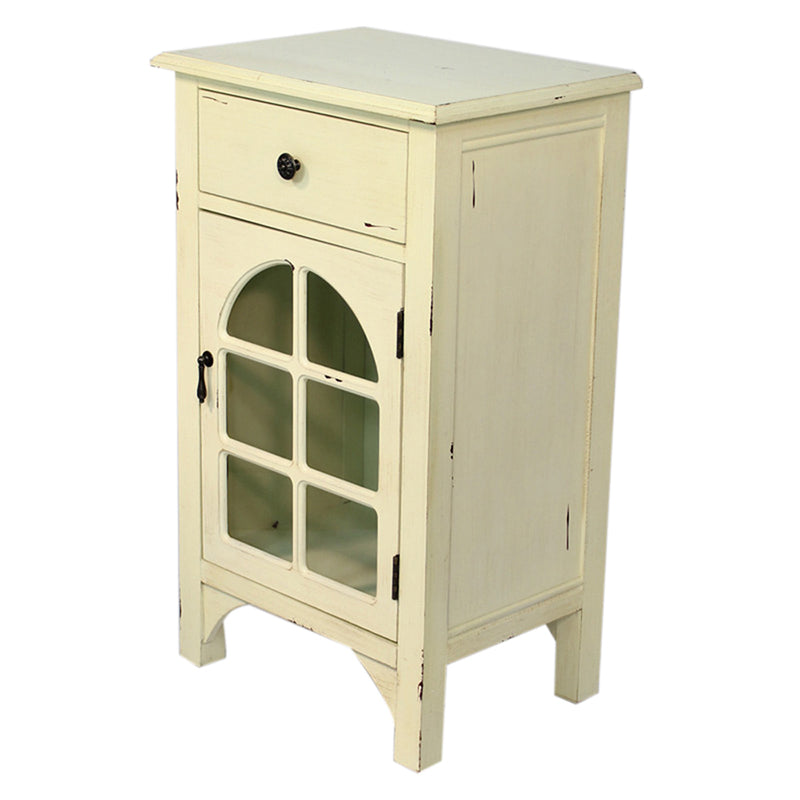 18" X 13" X 30" Antique White MDF  Wood  Clear Glass  Accent Cabinet with a Drawer and Front Arch Door