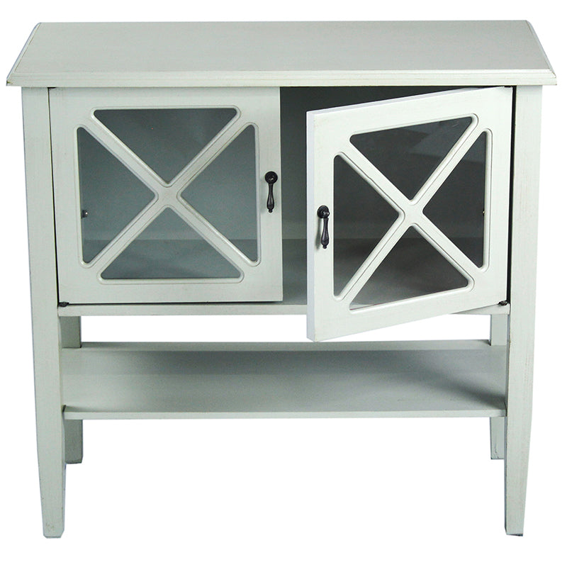 32" X 14" X 30" Light Sage MDF, Wood, Clear Glass Console Cabinet with  Doors and a Shelf