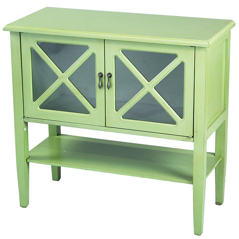 32" X 14" X 30" Apple Green MDF  Wood  Clear Glass Console Cabinet with  Doors and a Shelf
