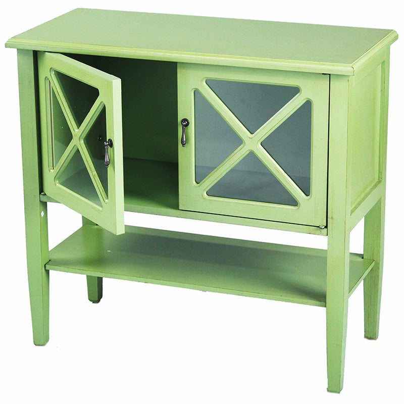 32" X 14" X 30" Apple Green MDF  Wood  Clear Glass Console Cabinet with  Doors and a Shelf