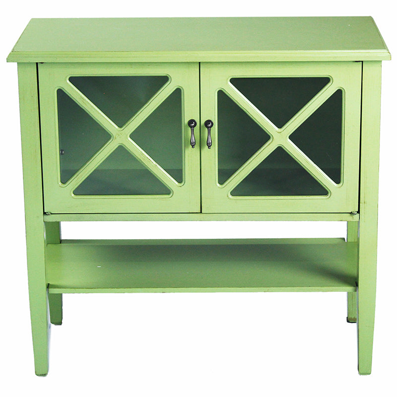 32" X 14" X 30" Apple Green MDF  Wood  Clear Glass Console Cabinet with  Doors and a Shelf