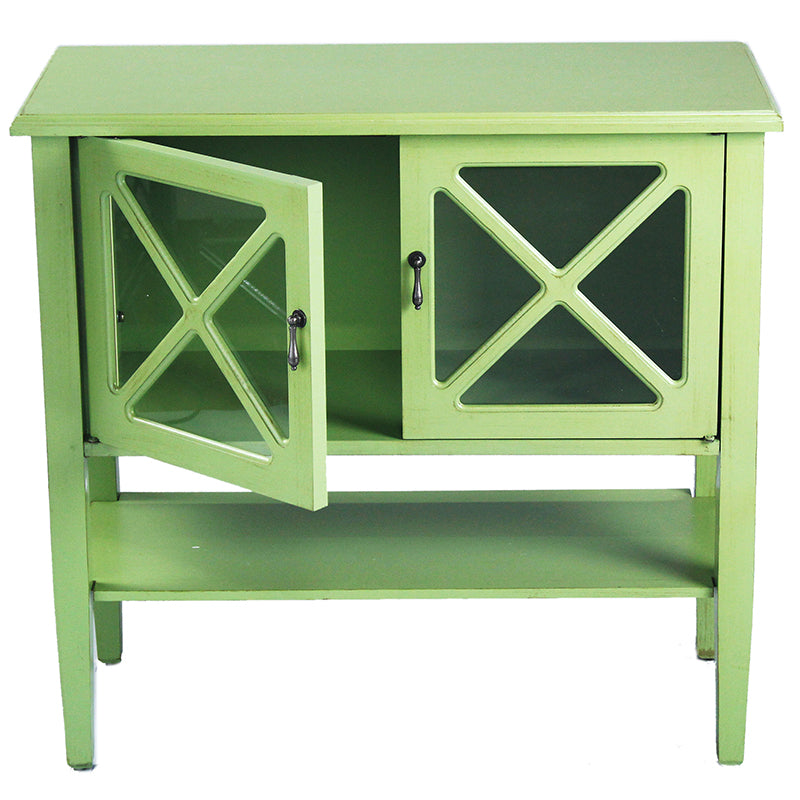 32" X 14" X 30" Apple Green MDF  Wood  Clear Glass Console Cabinet with  Doors and a Shelf