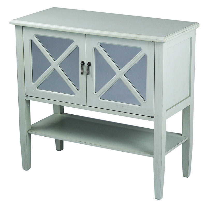 32" X 14" X 30" Light Sage MDF  Wood  Clear Glass Console Cabinet with  Doors and a Shelf
