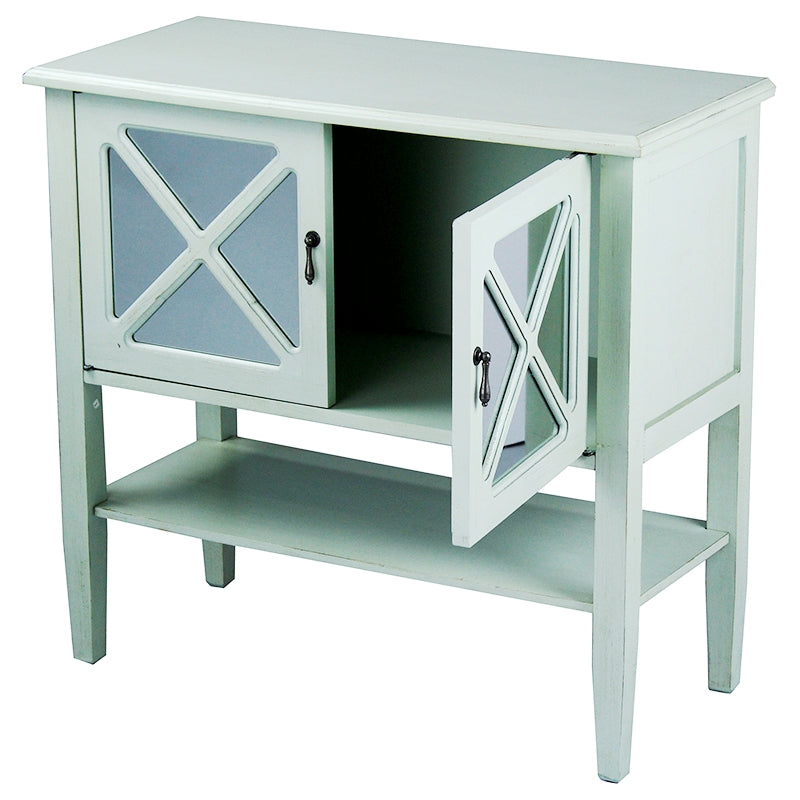 32" X 14" X 30" Light Sage MDF  Wood  Clear Glass Console Cabinet with  Doors and a Shelf