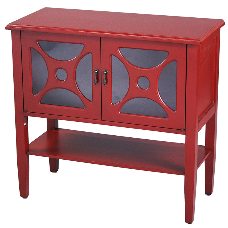 32" X 14" X 30" Red MDF  Wood  Clear Glass Console Cabinet with  Doorsa Shelf and Link Inserts