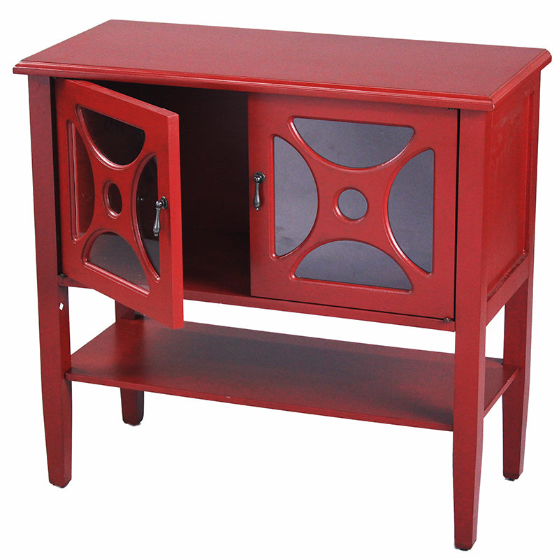 32" X 14" X 30" Red MDF  Wood  Clear Glass Console Cabinet with  Doorsa Shelf and Link Inserts