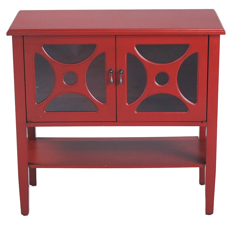 32" X 14" X 30" Red MDF  Wood  Clear Glass Console Cabinet with  Doorsa Shelf and Link Inserts