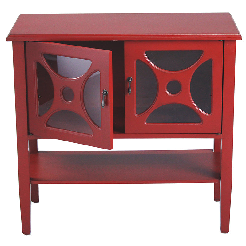 32" X 14" X 30" Red MDF  Wood  Clear Glass Console Cabinet with  Doorsa Shelf and Link Inserts