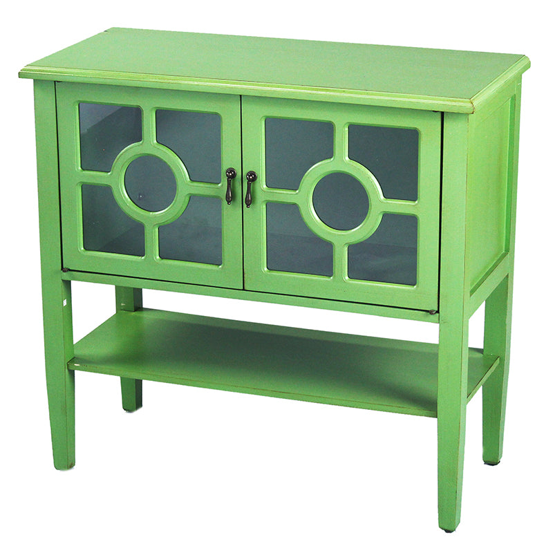 32" X 14" X 30" Green MDF  Wood  Clear Glass Console Cabinet with  Doors and Shelf and Lattice Inserts