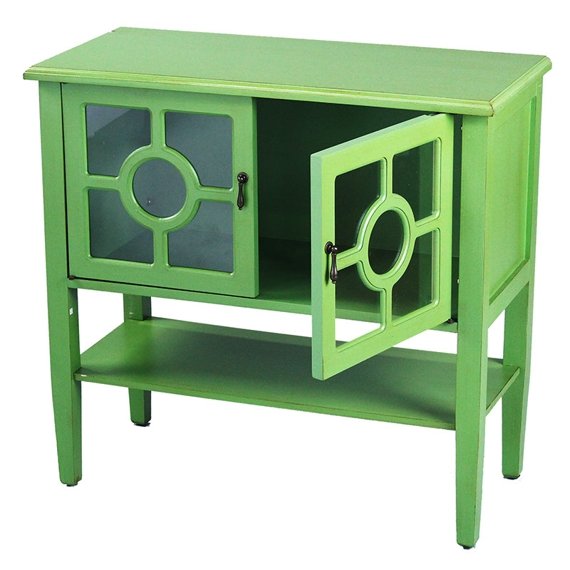 32" X 14" X 30" Green MDF  Wood  Clear Glass Console Cabinet with  Doors and Shelf and Lattice Inserts