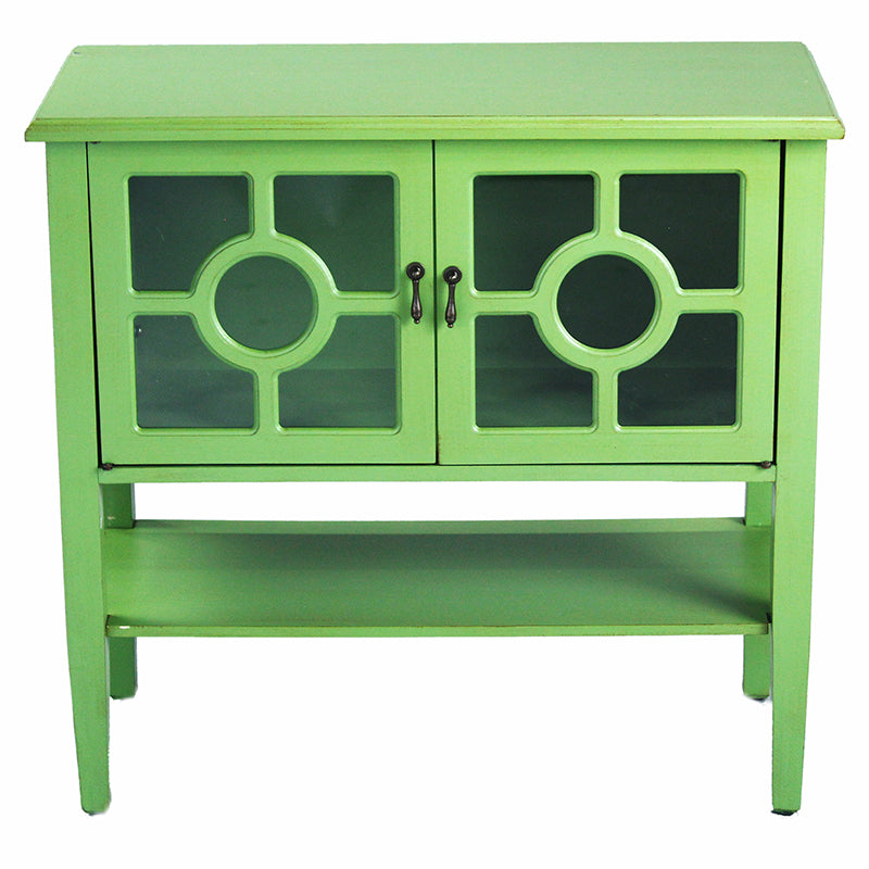 32" X 14" X 30" Green MDF  Wood  Clear Glass Console Cabinet with  Doors and Shelf and Lattice Inserts