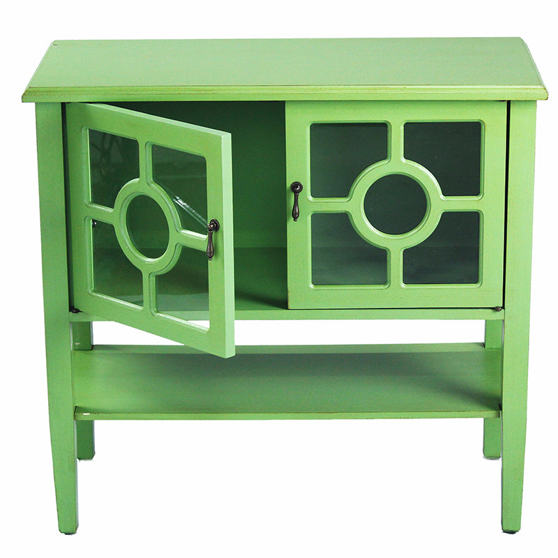 32" X 14" X 30" Green MDF  Wood  Clear Glass Console Cabinet with  Doors and Shelf and Lattice Inserts