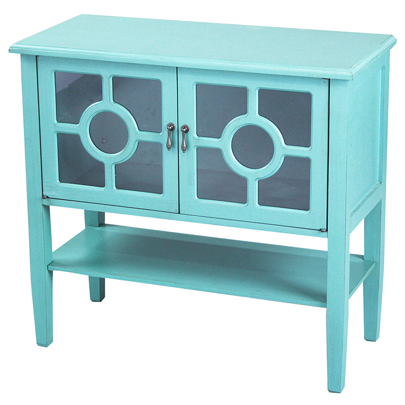 32" X 14" X 30" Turquoise MDF  Wood  Clear Glass Console Cabinet with  Doors and a Shelf