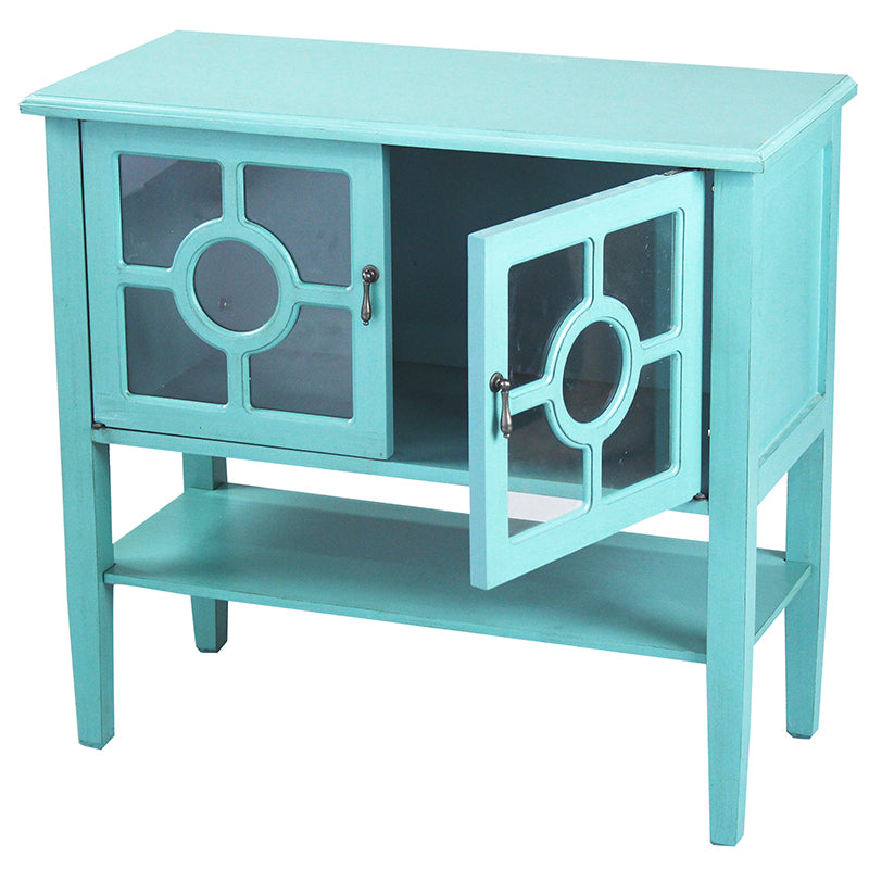 32" X 14" X 30" Turquoise MDF  Wood  Clear Glass Console Cabinet with  Doors and a Shelf