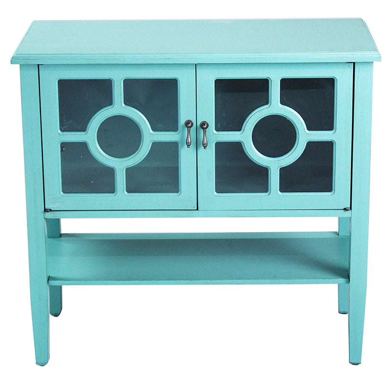32" X 14" X 30" Turquoise MDF  Wood  Clear Glass Console Cabinet with  Doors and a Shelf