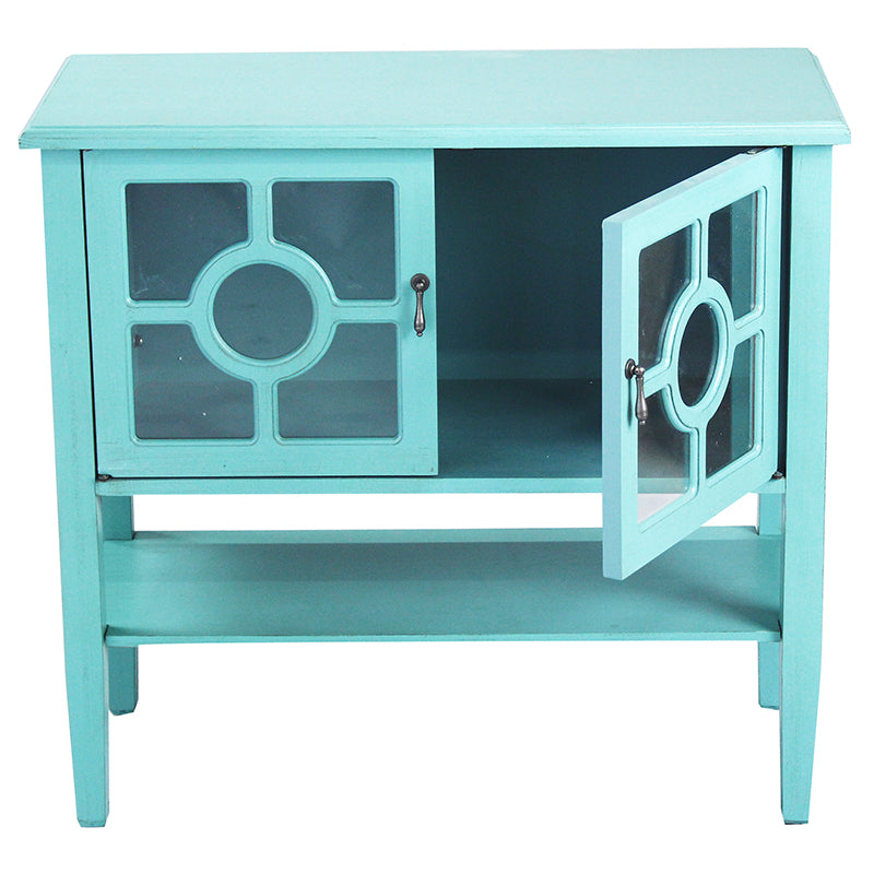 32" X 14" X 30" Turquoise MDF  Wood  Clear Glass Console Cabinet with  Doors and a Shelf