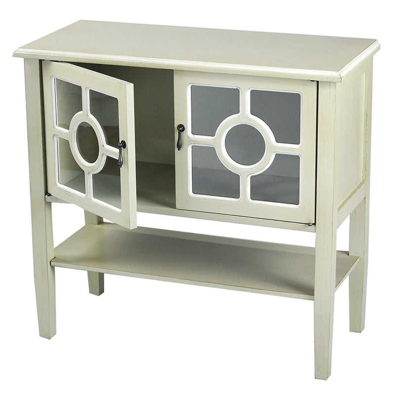 32" X 14" X 30" Beige MDF  Wood  Clear Glass Console Cabinet with  Doors and Shelf and Lattice Inserts