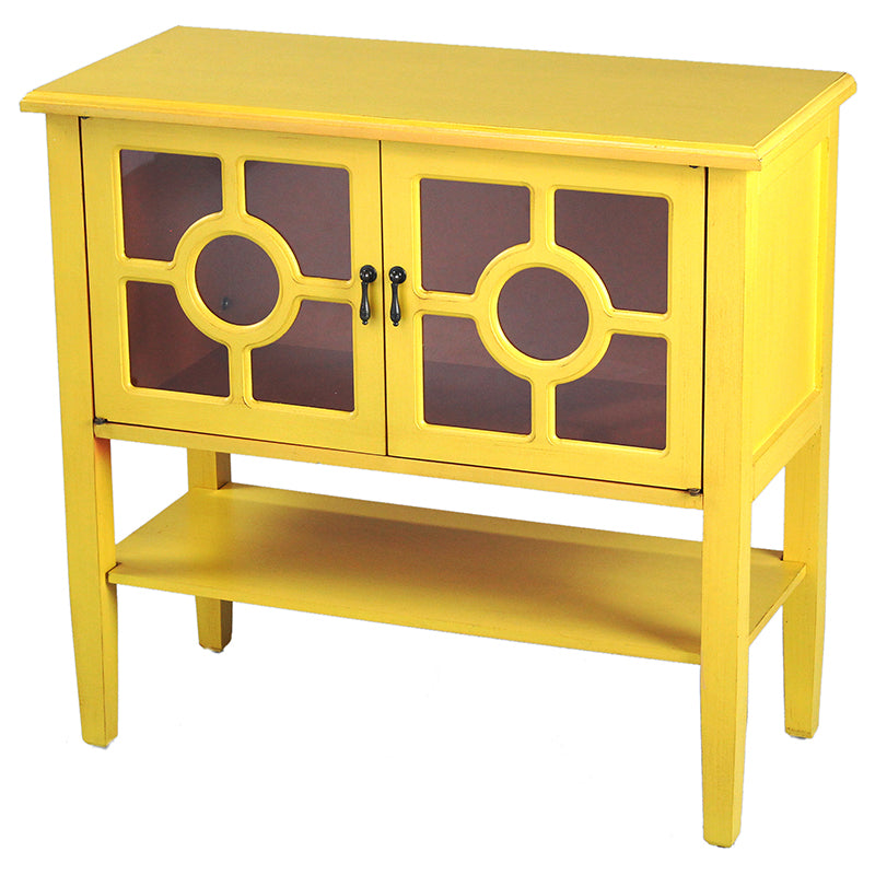 32" X 14" X 30" Yellow MDF  Wood  Clear Glass Console Cabinet with  Doors and Shelf and Lattice Inserts