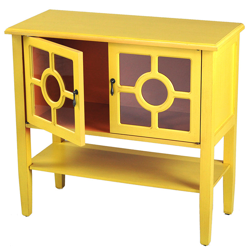 32" X 14" X 30" Yellow MDF  Wood  Clear Glass Console Cabinet with  Doors and Shelf and Lattice Inserts