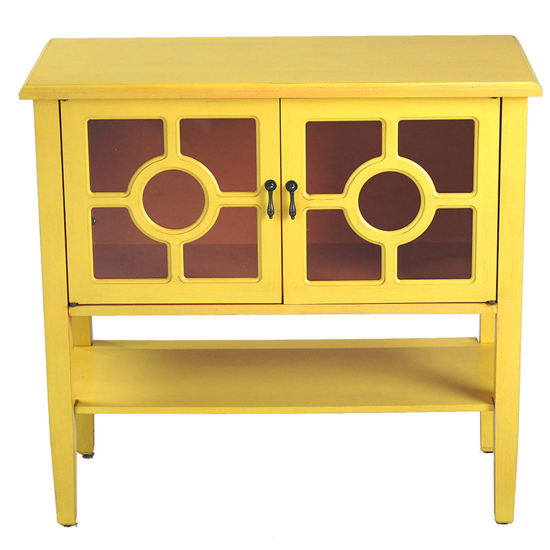 32" X 14" X 30" Yellow MDF  Wood  Clear Glass Console Cabinet with  Doors and Shelf and Lattice Inserts