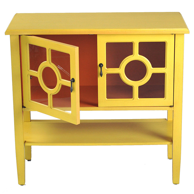 32" X 14" X 30" Yellow MDF  Wood  Clear Glass Console Cabinet with  Doors and Shelf and Lattice Inserts