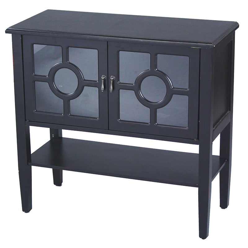 32" X 14" X 30" Black MDF  Wood  Clear Glass Console Cabinet with  Doors and Shelf and Lattice Inserts