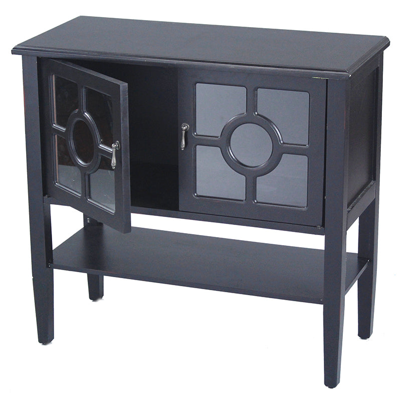 32" X 14" X 30" Black MDF  Wood  Clear Glass Console Cabinet with  Doors and Shelf and Lattice Inserts