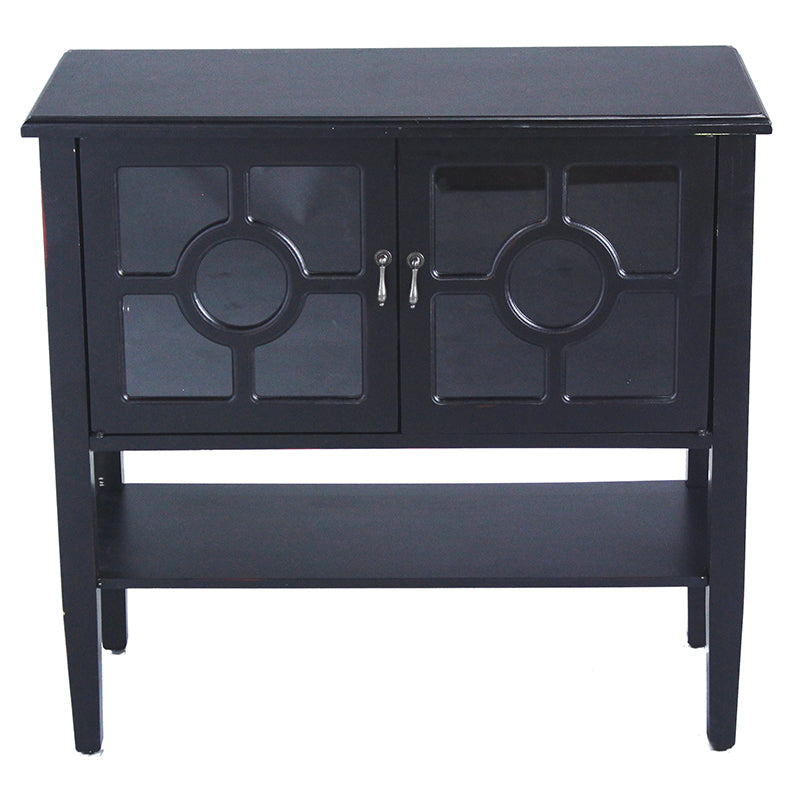 32" X 14" X 30" Black MDF  Wood  Clear Glass Console Cabinet with  Doors and Shelf and Lattice Inserts
