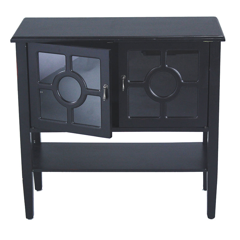 32" X 14" X 30" Black MDF  Wood  Clear Glass Console Cabinet with  Doors and Shelf and Lattice Inserts