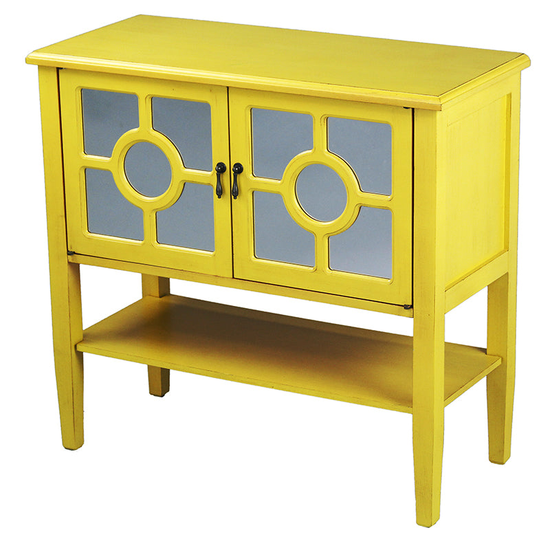 32" X 14" X 30" Yellow MDF  Wood  Mirrored Glass Console Cabinet with  Doors and a Shelf
