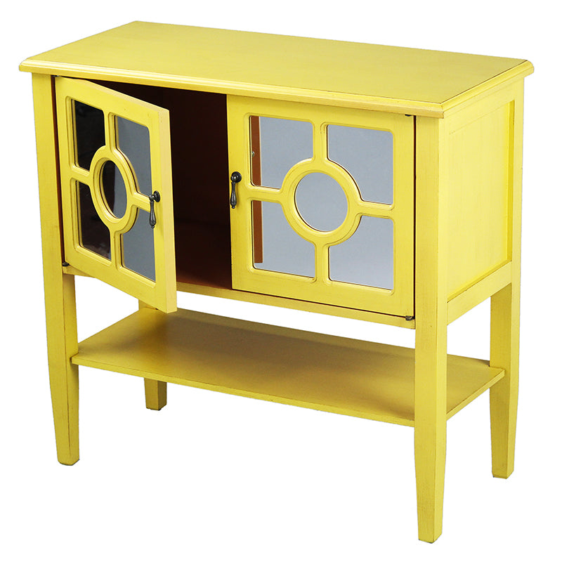 32" X 14" X 30" Yellow MDF  Wood  Mirrored Glass Console Cabinet with  Doors and a Shelf