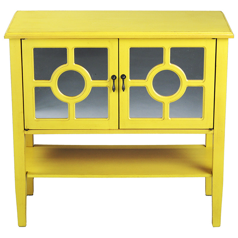 32" X 14" X 30" Yellow MDF  Wood  Mirrored Glass Console Cabinet with  Doors and a Shelf