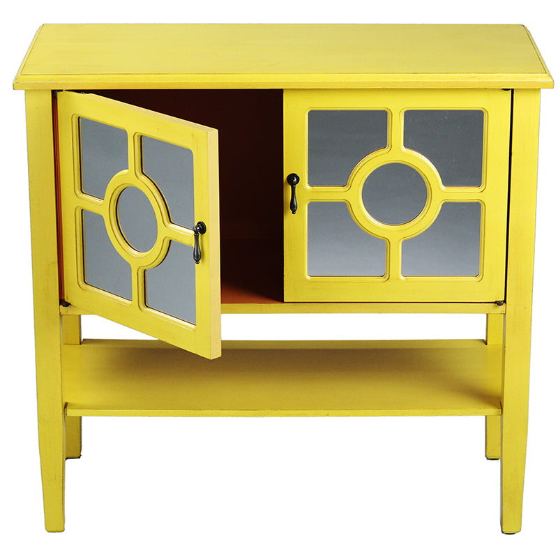 32" X 14" X 30" Yellow MDF  Wood  Mirrored Glass Console Cabinet with  Doors and a Shelf