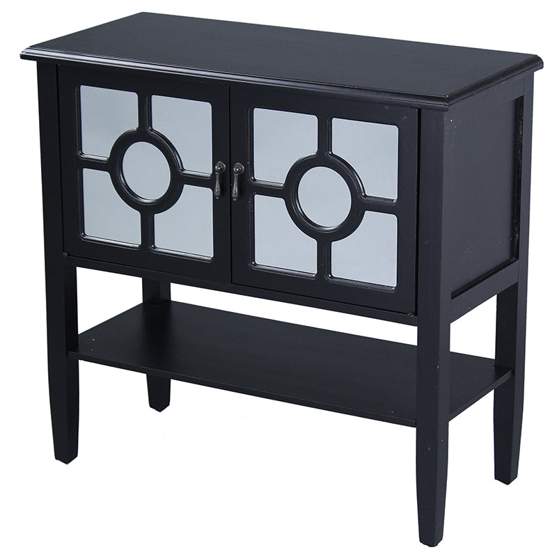 32" X 14" X 30" Black MDF  Wood  Mirrored Glass Console Cabinet with  Doors and a Shelf