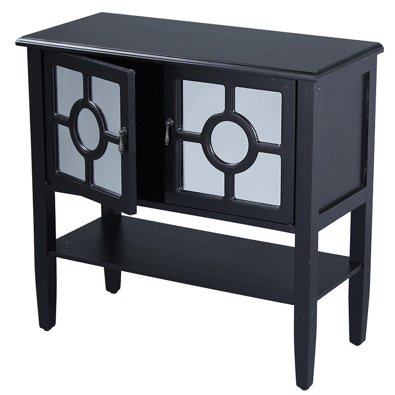 32" X 14" X 30" Black MDF  Wood  Mirrored Glass Console Cabinet with  Doors and a Shelf