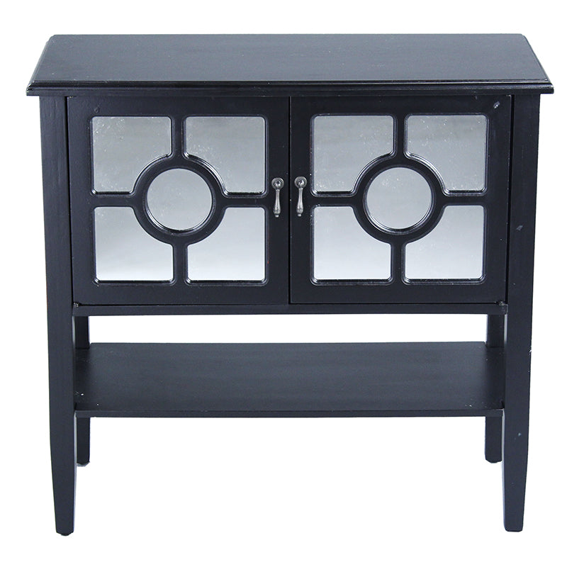 32" X 14" X 30" Black MDF  Wood  Mirrored Glass Console Cabinet with  Doors and a Shelf