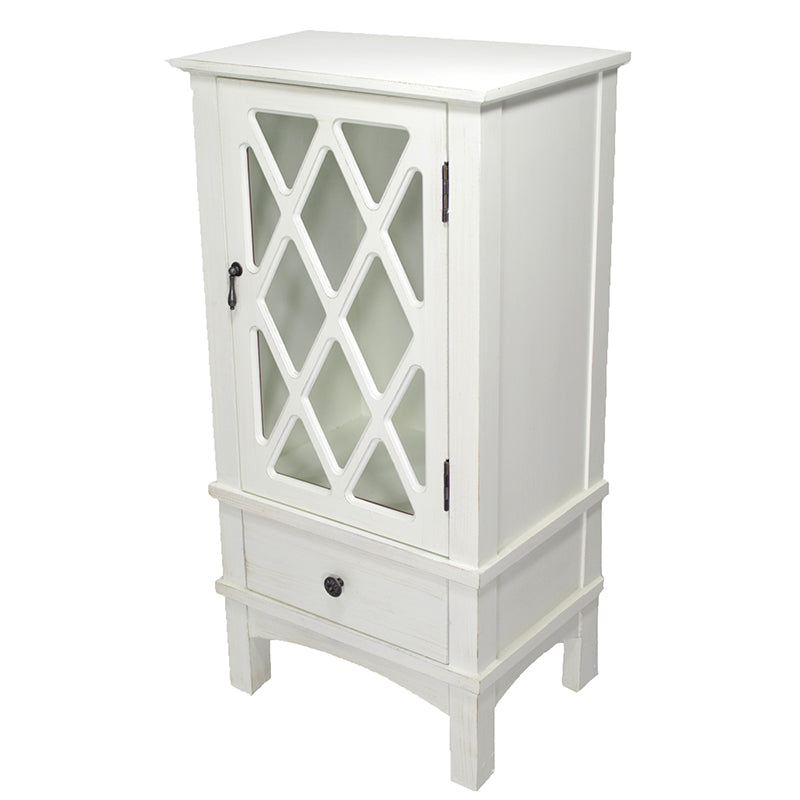 18" X 13" X 36" Antique White MDF  Wood  Clear Glass Accent Cabinet with a Door and a Drawer