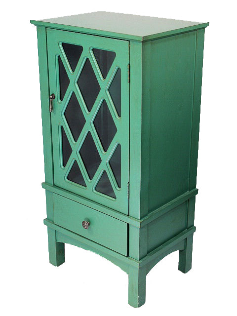 18" X 13" X 36" Dark Celadon MDF  Wood  Clear Glass Accent Cabinet with a Door and a Drawer