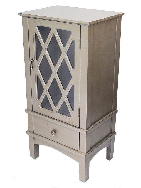 18" X 13" X 36" Gray MDF  Wood  Clear Glass Accent Cabinet with a Door and Drawer and Lattice Inserts
